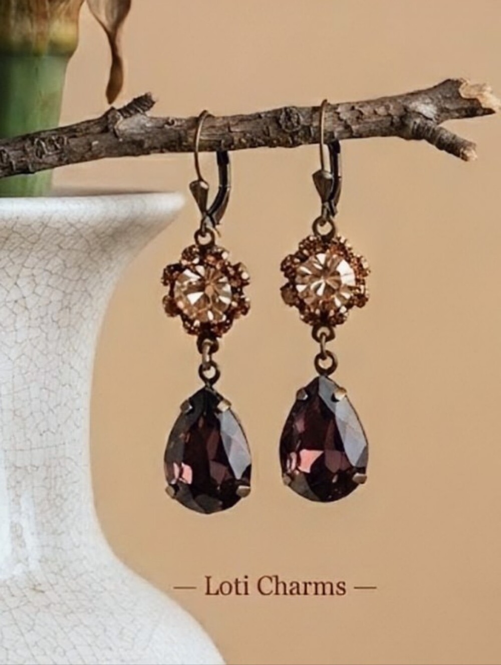 Victorian Autumn Burgundy Swarovski Crystals In Handmade Antique Bronze Earrings